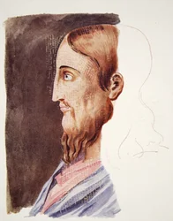 2. århundrede portræt af Kristus fra de romerske katakomber, tegning attri. til T. Heaphy, gengivet i The Outline of History: being a plain history of life and mankind af H.G. Wells, London (colour lith
