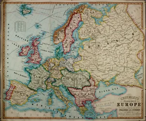 Et farvet kort over Europa fra det 19. århundrede, kompileret til brug på gymnasier og skoler.
