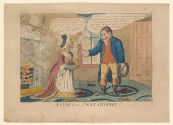 A CURE for a SMOKY CHIMNEY!!, tegnet af G. M. Woodward, 1808 (håndkoloreret gravering)