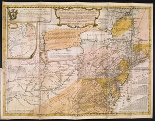 Et generelt kort over de mellembritiske kolonier i Amerika; dvs. Virginia, Mariland, Delaware, Pensilvania, New-Jersey, New-York, Connecticut og Rhode Island: af Aquanishuonîgy, de konfødererede indianeres land. . . Af søerne Erie, Ontario og Ch