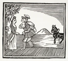 En gentleman vil rådføre sig med Mother Bunch, illustration fra Chap-books of the Eighteenth Century af John Ashton, pub. 1882
