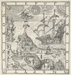 A hieroglyphic of Britain, frontispice til generelle og sjældne mindesmærker vedrørende den perfekte Arte of Navigation af John Dee (1527-1609), 1577