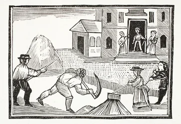 En mand, der slår græs med en le, som tog alt før sig, illustration fra Chap-books of the Eighteenth Century af John Ashton, pub. 1882