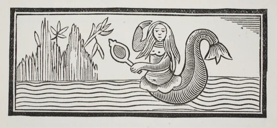 En havfrue, der tegner ødelæggelse for søfolk, illustration fra Chap-books of the Eighteenth Century af John Ashton, pub. 1882
