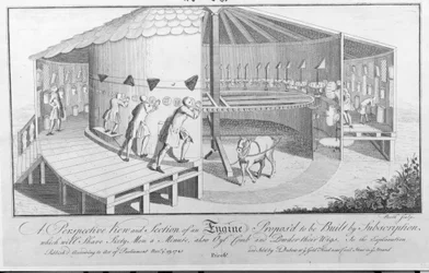 Et perspektivbillede og et snit af en motor, der foreslås bygget ved abonnement, som vil barbere tres mænd i minuttet, også Oyl kam og pudder deres parykker, udgivet af J. Dubois, 1745