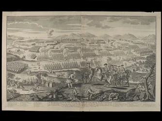 En fremstilling af slaget på Drumossie Moor nær Culloden i Skotland, 16. april 1746, udgivet ved Henry Overton, 30. juni 1746