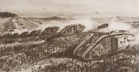 En kampvognsoffensiv ved Cambrai, Frankrig, illustration fra "The Outline of History" af H.G. Wells, bind II, udgivet i 1920