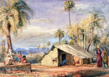 A Toddy-Drawers Hut in a Grove of Date Palms, Bombays præsidentskab, Indien (wc på papir)