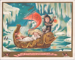 Et victoriansk julekort af en pigefe, der sover i en udsmykket delfinbåd på et frosset hav, mens en drengefe holder en lampe, ca. 1880 (farve litho)