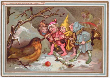 A Victorian Christmas card of a party of elves carrying musical instruments and gazing at a bewildered robin, c.1880dani