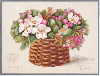 Et victoriansk julekort med blomster og blade i en flettet kurv, ca. 1880 (farve litho)
