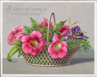 Et victoriansk julekort med blomster i en flettet kurv, ca. 1880 (farve litho)