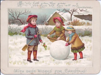 Et victoriansk julekort med tre børn, der leger med en stor snebold, ca. 1880 (farvelitografi)