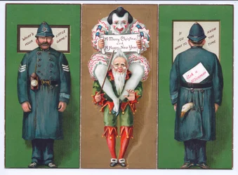 Et victoriansk julekort med en nar, klovn og politimand, ca. 1880