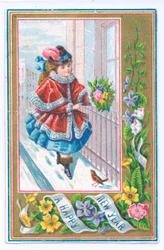 Et victoriansk nytårskort af en pige klædt i en pelsforet kappe med en buket blomster, der går i sneen, ca. 1880 (farve litho)