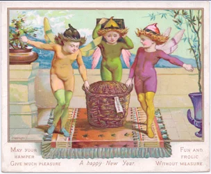Et victoriansk nytårskort med tre feer med en kugle, hvorpå der er en etiket påskrevet "Best Wishes", ca. 1880