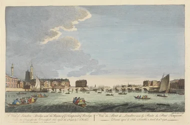 En udsigt over London Bridge med ruinerne af den midlertidige bro efter branden den 11. april 1758 (farvet indgravering)