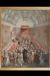 A View of the House of Lords, graveret af Benjamin Cole (fl.1748-75) c.1755 (håndfarvet gravering)