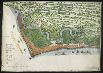 En farvet faksimilekopi af et fugleperspektiv eller et kort over Suffolks kyst fra Alderton til Aldborough, inklusive Orford Ness (vellum)