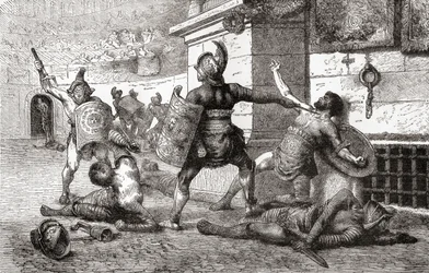 En kamp mellem gladiatorer i det gamle Rom, fra Ward and Lock