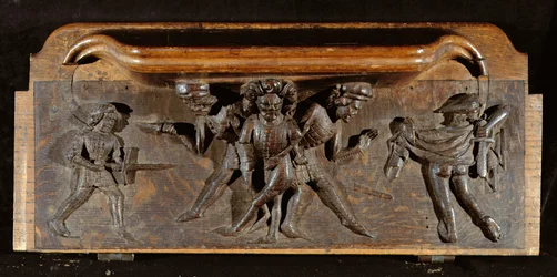 En beskadiget misericord, der forestiller tre mænd, der kæmper med dolke og sværd, New College Chapel, Oxford, slutningen af det 14. århundrede (træ)