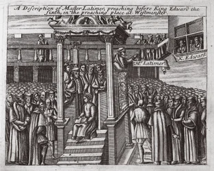 En beskrivelse af Mester Latimer, der prædikede for kong Edward den Sjette i prædikestedet i Westminster, illustration fra Acts and Monuments af John Foxe, niende udgave, pub. 1684
