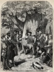 En gruppe af anderledes tænkende i Norfolk under Robert Ketts oprør i 1549 - oprør i Norfolk, England under Edward VIs regeringstid - Ket the Tanner (1492-1549) Haranguing sine tilhængere under reformationens Eg - gravering fra "" History of England" "b