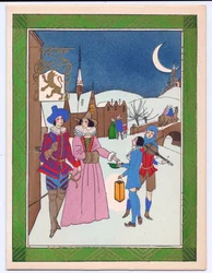 Et håndfarvet fransk Pochoir-julekort af en Tudor-scene af gademusikanter, der bliver belønnet for deres optræden, omkring 1920