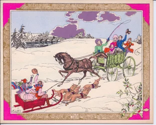 Et håndfarvet fransk Pochoir julekort af en slæde med børn, der bliver trukket af hunde og en hest og vogn, der bliver kørt over et snefyldt landskab, omkring 1920