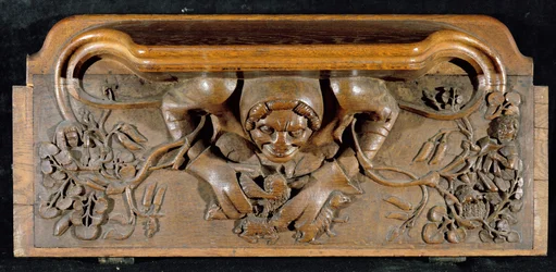 En misericord, der forestiller en trold med enorme skuldre, New College Chapel, Oxford, slutningen af det 14. århundrede (træ)