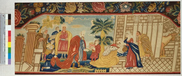 Et håndarbejdet sofasæde fint bearbejdet i en teltsøm, der forestiller magiernes tilbedelse, ca. 1730