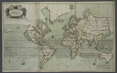 Et nyt og korrekt kort over verden fra et atlas over havet, 1707 (håndfarvet print)