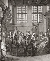 En fest i Duke of Newcastles House, frontispice til Natures Pictures af Margaret, Duchess of Newcastle, 1656, fra A Short History of the English People af J. R. Green, udgivet 1893