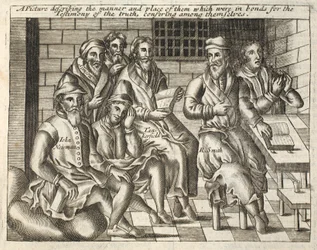 Et billede, der beskriver måden og stedet for dem, som var i bånd til vidnesbyrdet om sandheden, konfererende indbyrdes, illustration fra Acts and Monuments af John Foxe, niende udgave, pub.