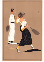 Et tryk af to tennisspillere i komiske og humoristiske stillinger, ca. 1920 (farvelitografi)