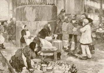 Et suppekøkken i Paris i 1800-tallet (litho)