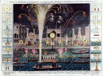 Udsigt over fyrværkeriet og illuminationerne hos Hans Nåde hertugen af Richmond i Whitehall og på Themsen, mandag den 15. maj 1749
