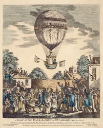 Et billede af mr. Sadlers ballon, der stiger op med ham og kaptajn Paget fra Royal Navy fra haven ved Mermaid Tavern i Hackney mandag den 12. august.