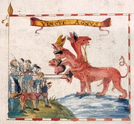 Tilføje. 12447, f.23v Parlamentariske soldater, der angriber apokalypsedyret, fra 