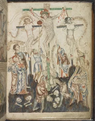 Tilføje. 47682, f.32, The Crucifixion, fra Holkham Bible Picture Book, c.1320-30 (vellum)