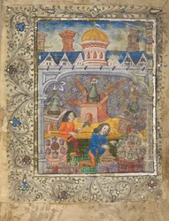 Tilføj MS 10302 f.37v f. 1r Syv ovne med stills, passet af to mænd, under et tag med en kuppel og skorstene, ca. 1477 (vellum)