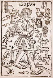 Aesop, frontispice til Aesops Fables af William Caxton (ca. 1422-91), 1434 (sepia foto)