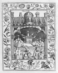 Alkymistisk laboratorium, der viser forskellige former for ovne og beholdere, taget fra Theatrum Chemicum Britannicum af Elias Ashmole, 1652