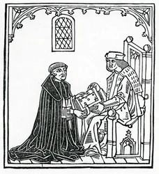 Alexander Barclay præsenterer sin bog for sin protektor Thomas Cornish, frontispice til den engelske oversættelse af 
