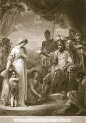 Alfred befrier familien Hastings, illustration fra David Humes The History of England, pub. af R. Bowyer, London, 1812