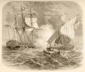 Et amerikansk flådeskib fanger et algerisk piratskib ud for Barbarykysten under den første barbariske krig (litho)