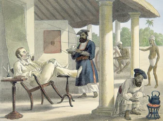 En engelsk embedsmand og hans indfødte tjenere, ca. 1860 (farve litho)
