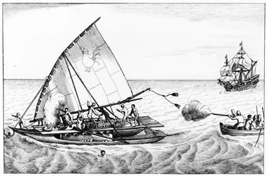 En hændelse under Le Maires (ca. 1585-1616) og Schoutens (ca. 1567-1625) jordomsejling i 1615-16, fra bind II af Chronological History of the Voyages and Discoveries in the South Sea