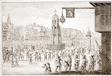 Gammel udsigt over Cheapside fra La Serres Entree de la Revne Mere du Roy, der viser Maria af Medicis procession