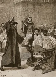 Andrew Melville før Scottish Privy Council, illustration fra Cassells Illustrated History of England (sepia foto)